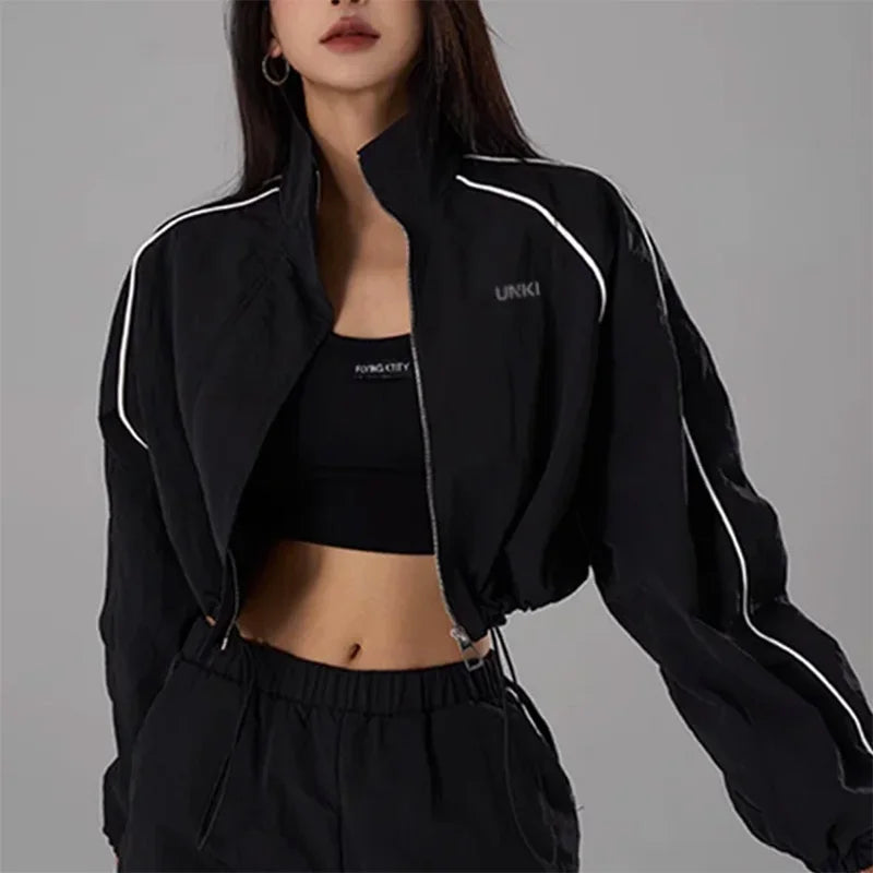 Hip Hop Sports Suit Two-piece Set Women Black Short Track Jacket +Sweatpants Joggers Dance Tracksuit Female Cropped Jacket Sets - Seprincess