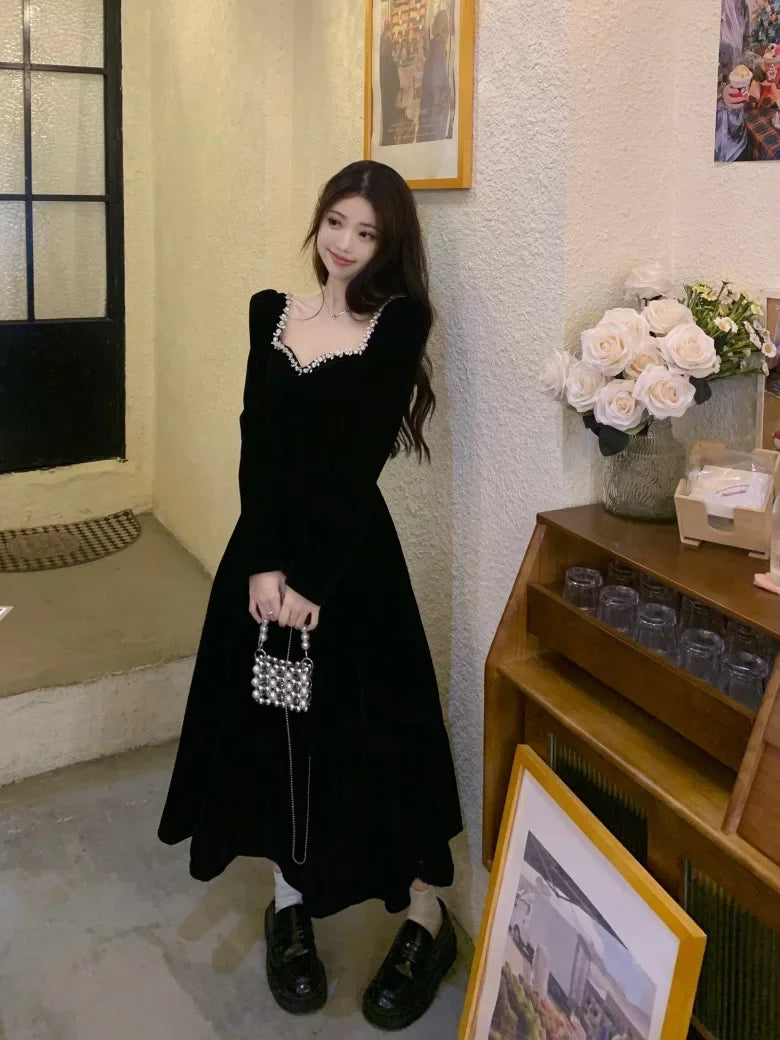 Woman's Party Evening Engagement Velvet Dress Black Vintage Prom Birthday Red Dress Long Sleeves Formal Christmas Clothing Robe - Seprincess