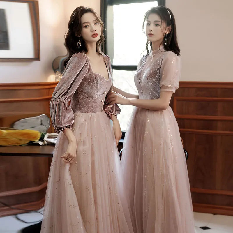 2022 New 4 Styles Bridesmaid Dress Bow Retro Elegant Long-sleeved Chic Temperament Long Evening Dress For Wedding Women Guest - Seprincess