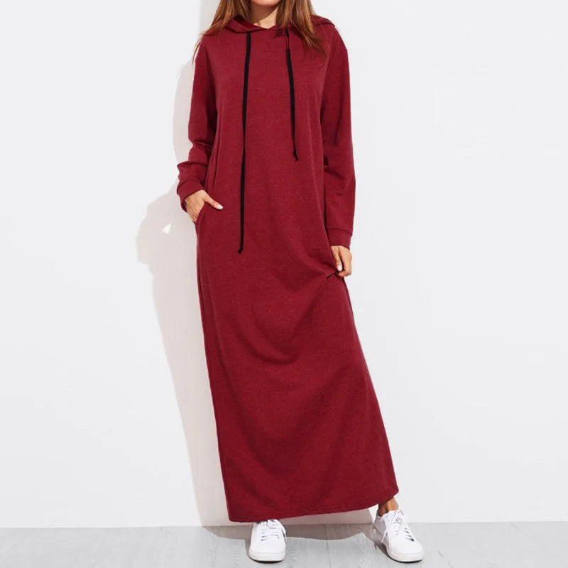 Celmia 2024 Autumn Women Hooded Maxi Dress Casual Solid Long Sleeve Pockets Party Hoodies Dress Long Vestido Robe Drawstring - Seprincess