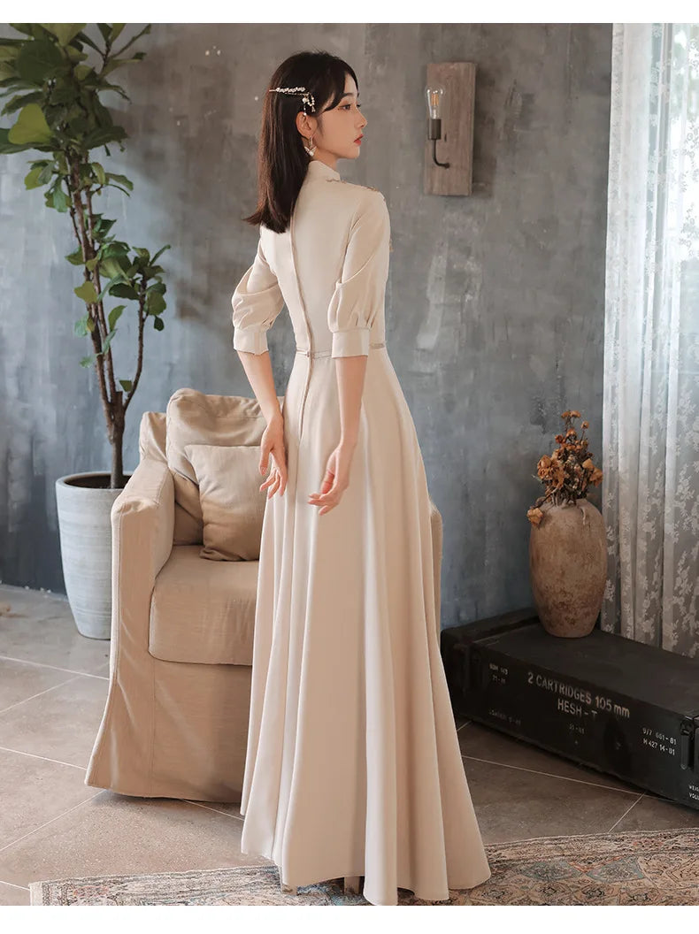 Slim A-line Mandarin Collar Qipao Female Chinese Styles Bridesmaid Dress Appliques Flower Pearl Cheongsam Party Prom Gown - Seprincess