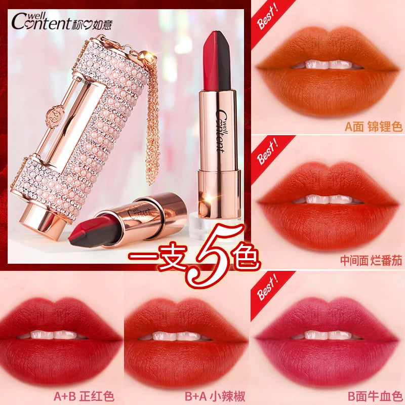 5 In 1 Colors Lipstick Matte Velvet Sexy Red Lip Tint Smooth Long Lasting Waterproof Easy to Wear Magic Lip Makeup for Women - Seprincess