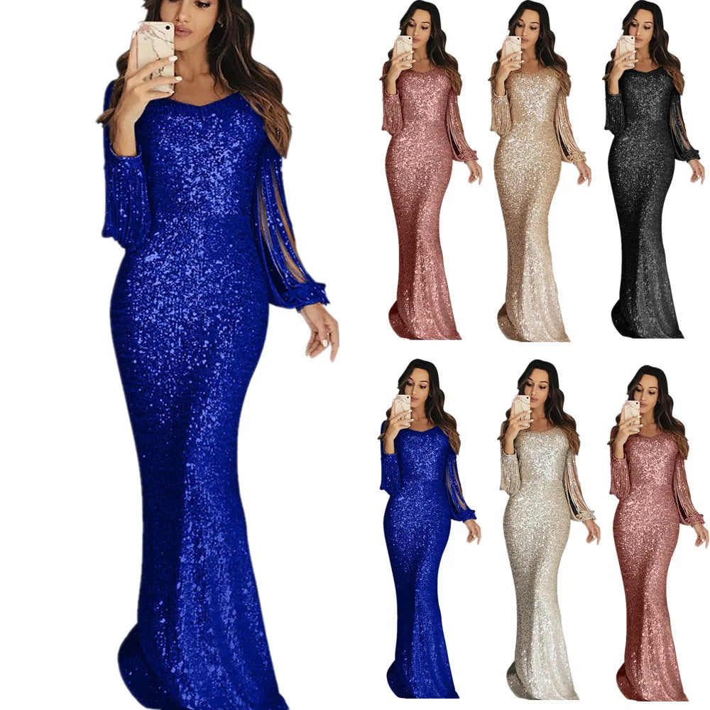 Spring 2022 Women Fashion Elegant Sequins Solid Color Maxi Wedding Evening Party Dress Female Long Tassel Sleeve Bodycon Dresses - Seprincess