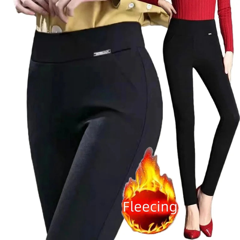 Thin&Thick Fleece Women Autumn Winter Slim Pants Solid Pocket Casual All-Match Pencil Pants Office Lady's Basic Elegant Trousers