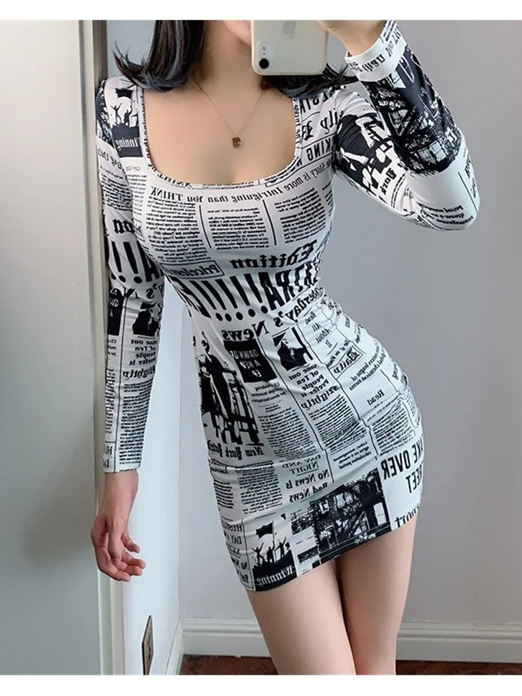 Hot-selling Printed Europe Newspaper Sexy Mini Dress 2020 Autumn New Fashion Street Shooting Slim Girl Female Square Collar ZW0 - Seprincess