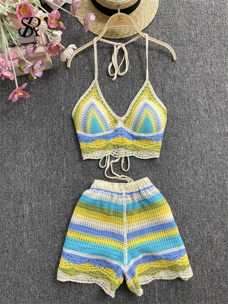 SINGREINY Striped Beach Two Pieces Suits Ladies Halter Backless Mini Camis+WIde Legs Shorts Fashion Korean Bohemian Vacation Set - Seprincess