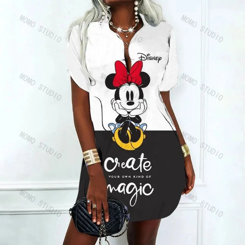 Mickey Minnie Mouse Sexy Dress for Women Y2k Elegant Women's Dresses for Party 2024 V-Neck Korean Fashion Disney Polo Shirts 2XL - Seprincess