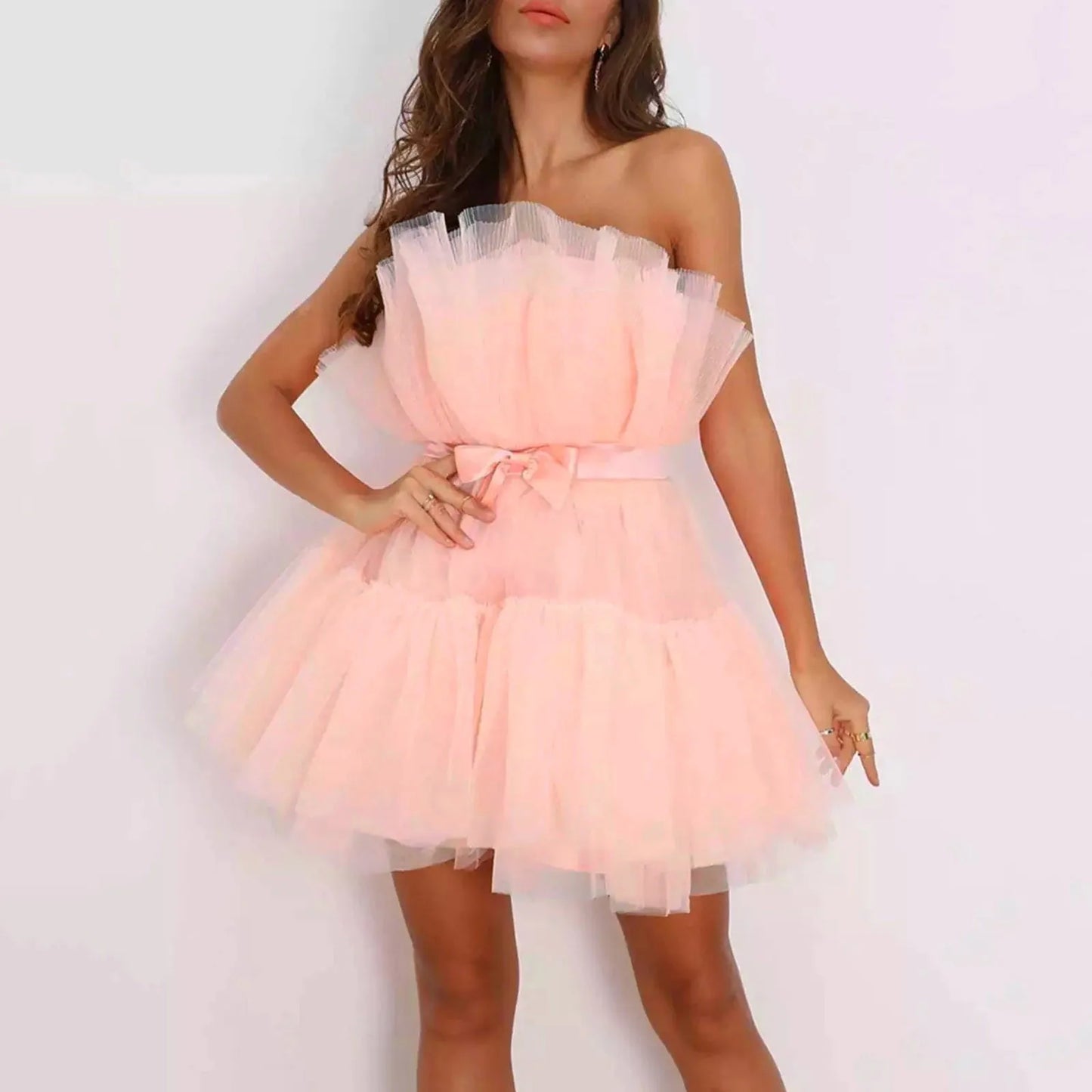 Tulle Dress Women Short Puffy Prom Dress Strapless Mesh Birthday Fairy Dresses Ruffle Cocktail Dress for Women Wedding Long - Seprincess