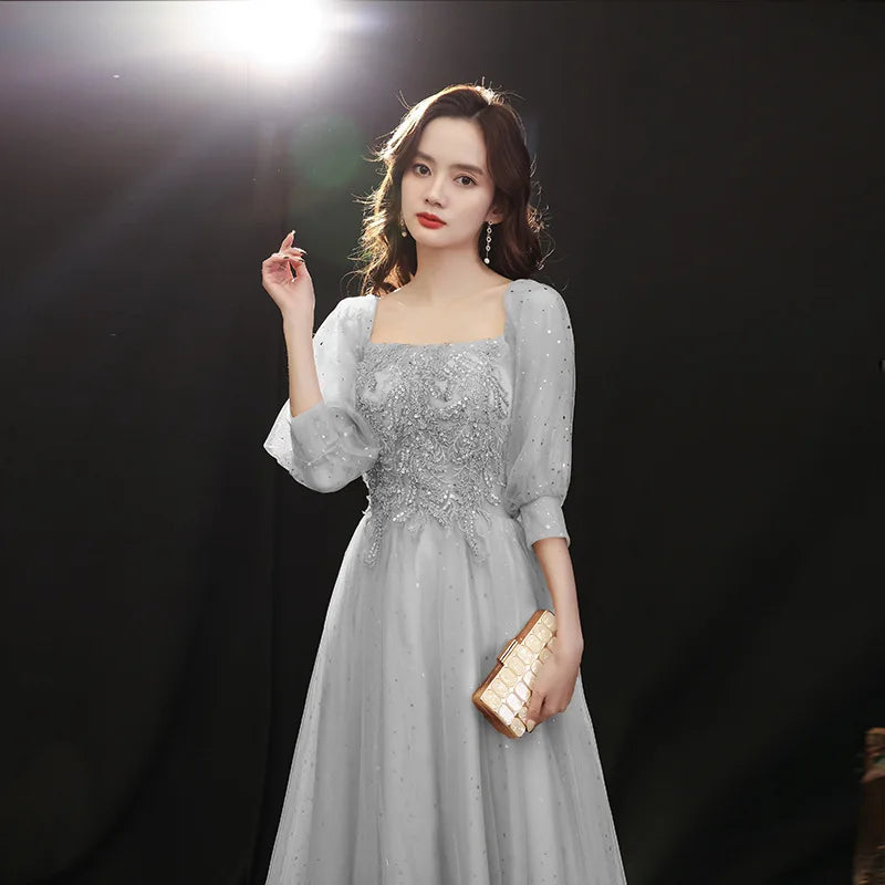 Grey Shining long lady girl women princess banquet party ballbridesmaid performance prom dress performance gown - Seprincess