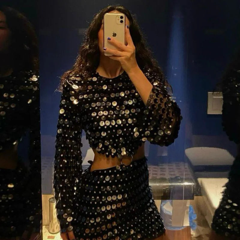 Women Fashion Glitter Sequins Hollow Out Mini Dress Elegant Round Neck Long Sleeves Short Dresses 2024 Female Chic Party Outfit - Seprincess