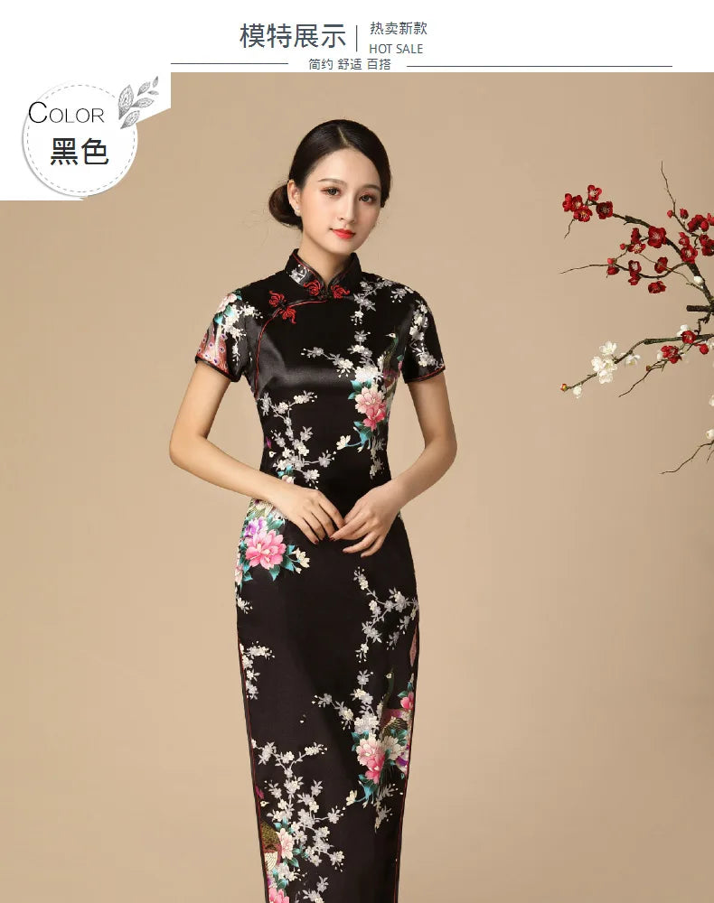 Sexy Cheongsam Chinese Tradition Style Dress Print Satin Qipao Lady Elegant Dresses Summer New Long Qipaos Plus Size 4Xl5Xl6Xl - Seprincess