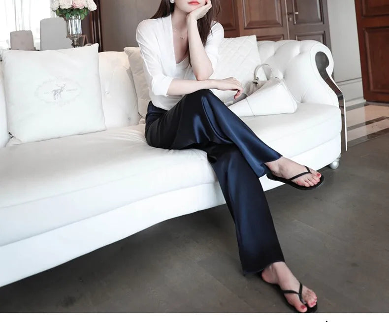 Acetate Satin Wide-Leg Pants for Women 2022 Summer New High Waist Drooping Mop Trousers Baggy Straight Trousers Tide