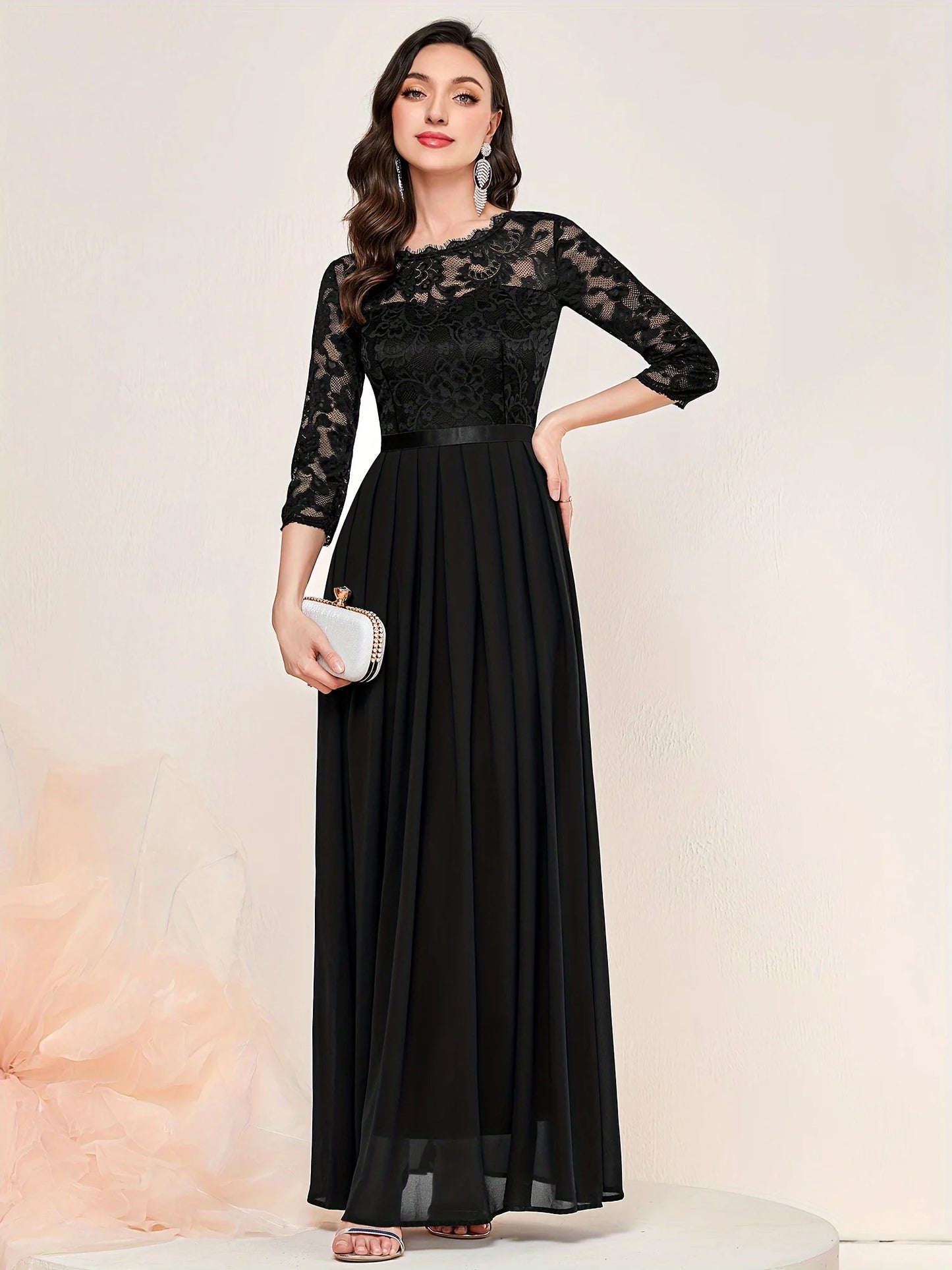 Contrast Lace Pleated Elegant Solid 3/4 Sleeve Party Maxi Formal Evening Dress - Seprincess