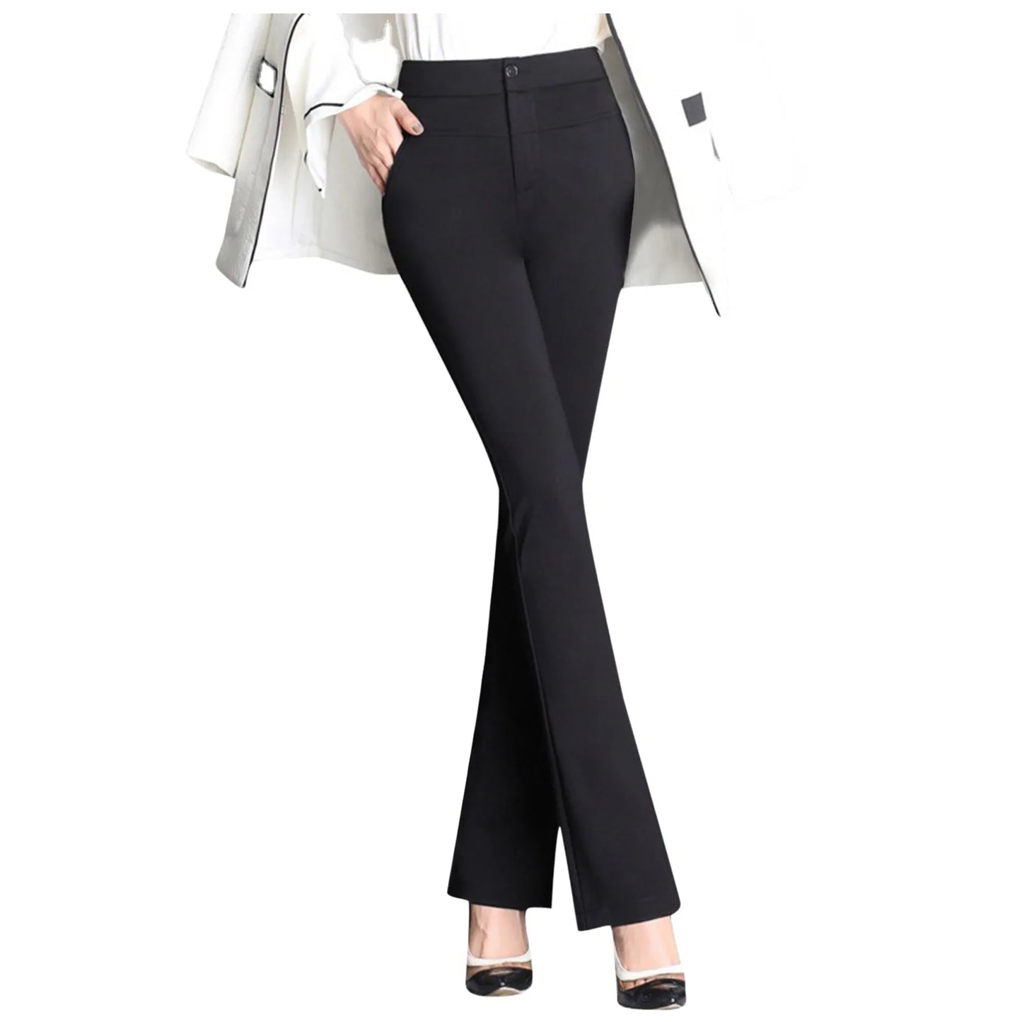 Spring Autumn Casual Button Elastic Mid Waist Black&Navy Blue Straight Trousers Office Lady Quick Drying Suit Pants Female Wear