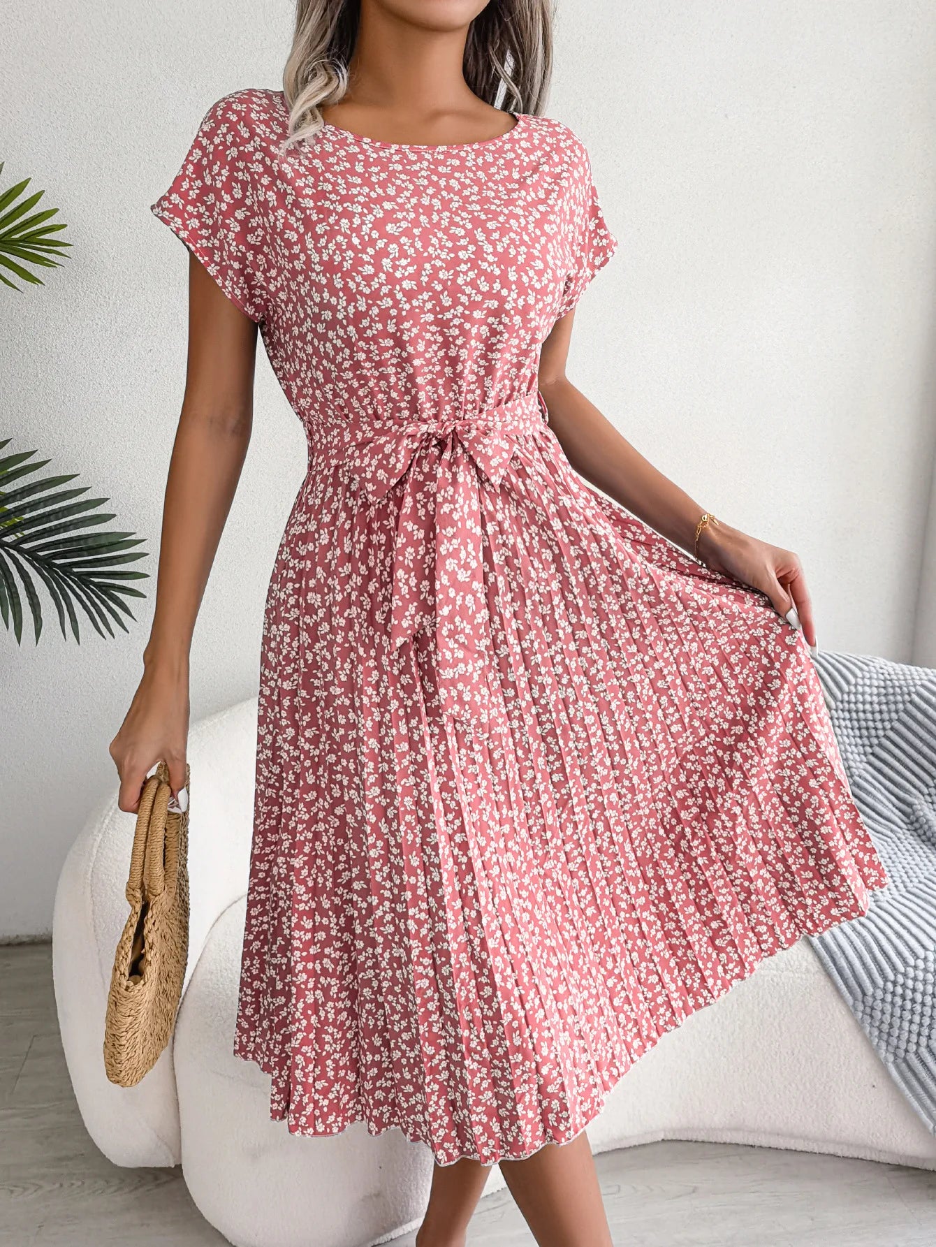 Women Spring Summer Short Sleeve High Waist Chic Dress Fashion Floral Pleated A Line Long Dress