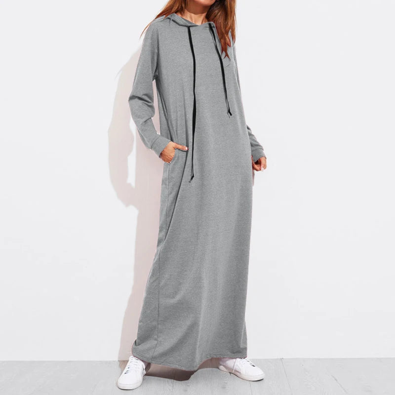 Celmia 2024 Autumn Women Hooded Maxi Dress Casual Solid Long Sleeve Pockets Party Hoodies Dress Long Vestido Robe Drawstring - Seprincess