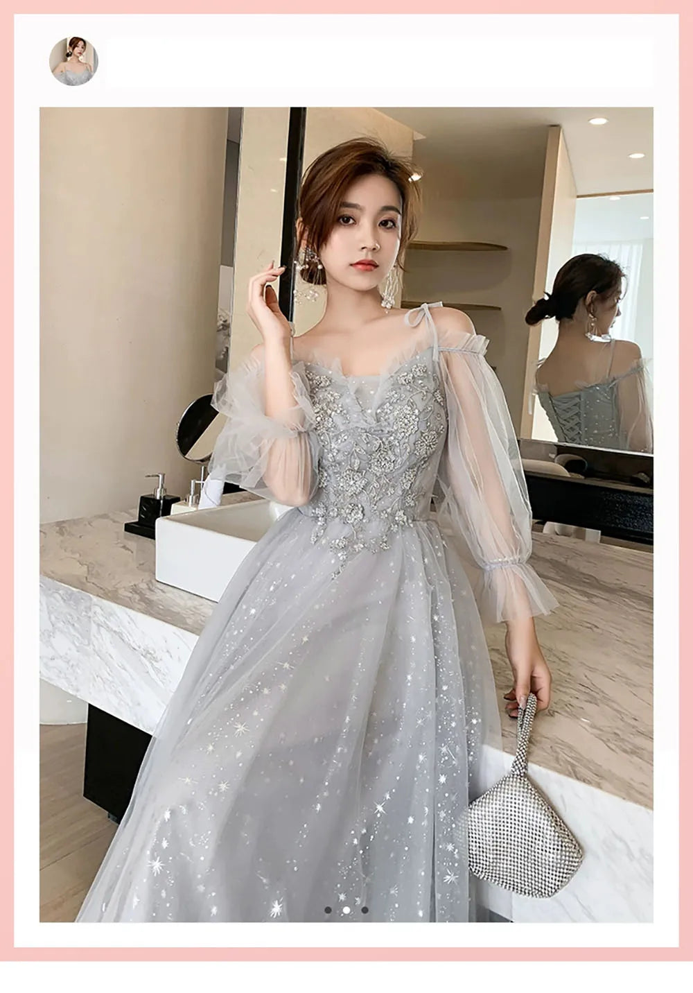 Bridesmaid Dress Women Lantern Sleeve Sequin Tulle Party Dresses Fairy Stage Performance Elegant Ladies Banquet Evening Gown - Seprincess