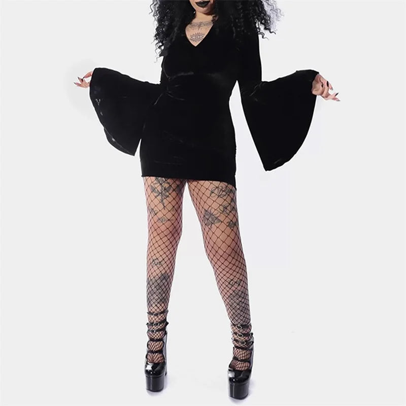 Women Halloween Witch Cosplay Costumes Long Sleeve Black Hooded Bodycon Mini Dresses Gothic Goth Short Dress for Party - Seprincess