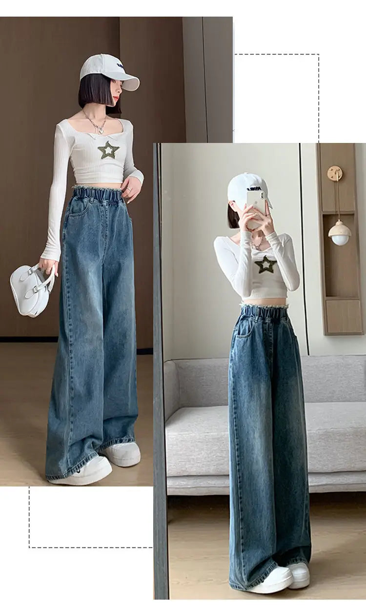 Large Size Denim Trousers Women Trailing Straight Wide Leg Loose High Waisted Slim Lace Tassel Higher Pants