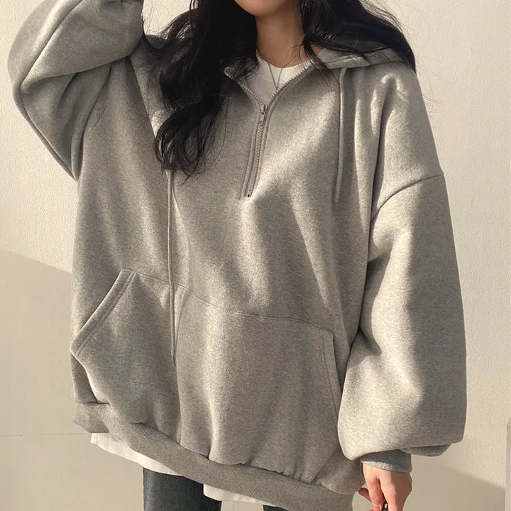 Women Hoodie Harajuku Loose Oversized Solid Color Top Half Zip Up Sweatshirt Female Casual Long Sleeve Pocket Hooded Coats 2024 - Seprincess