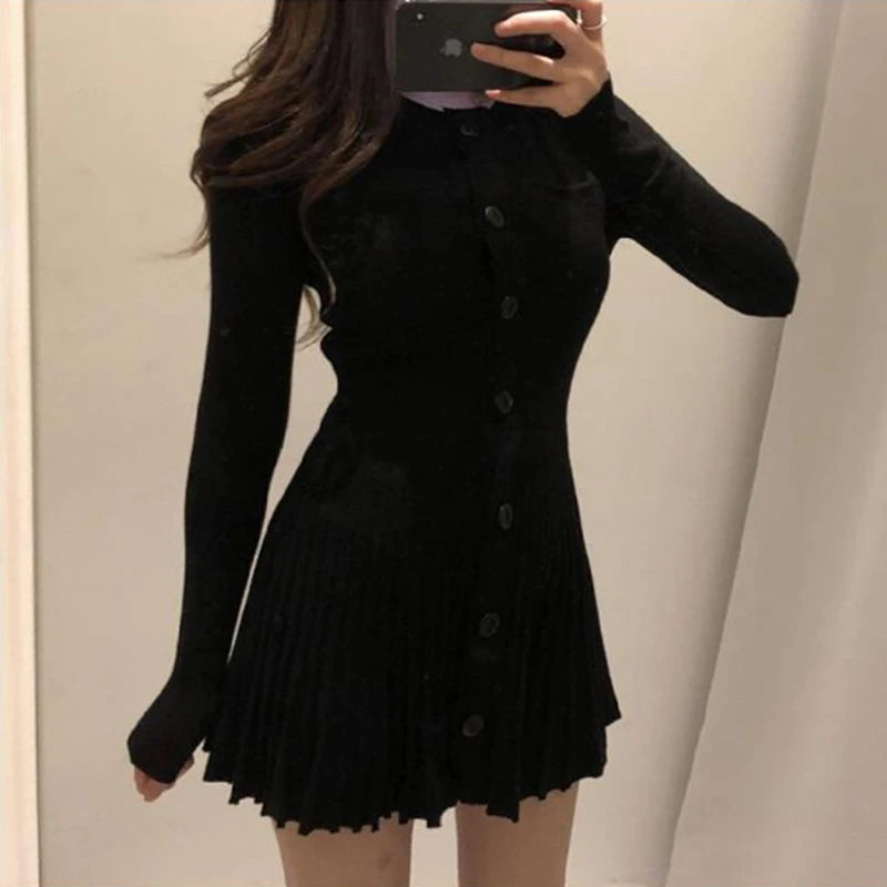 MEXZT Knitted Pleated Mini Dress Women Vintage Black Sweater Dresses Winter Korean Elegant Long Sleeve Pink Bodycon Vestidos New - Seprincess