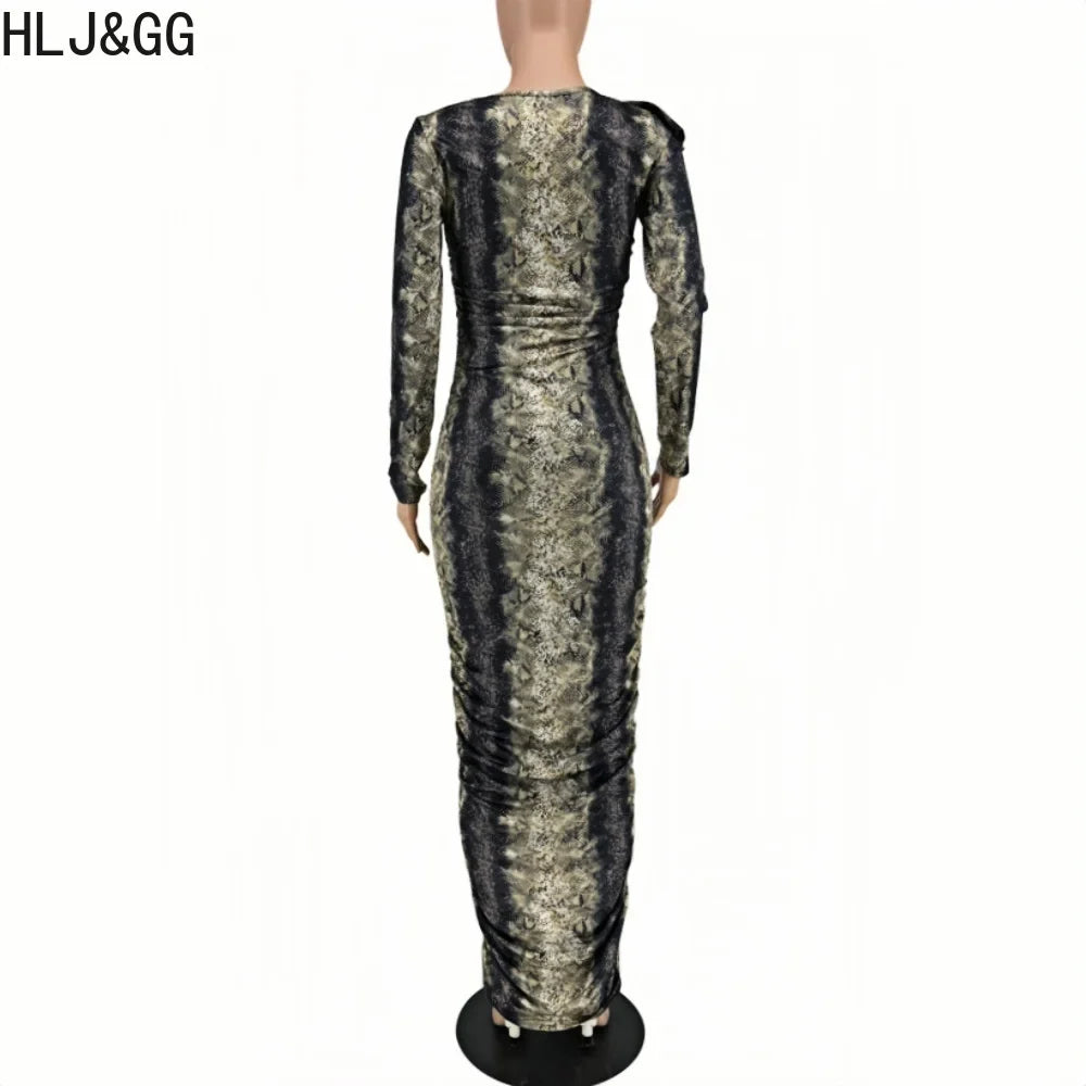 HLJ&GG Sexy Snake Printing Ruffle Bodycon Dresses Women V Neck Long Sleeve Slim Vestidos Fashion Female Ruched Dress Clothing - Seprincess