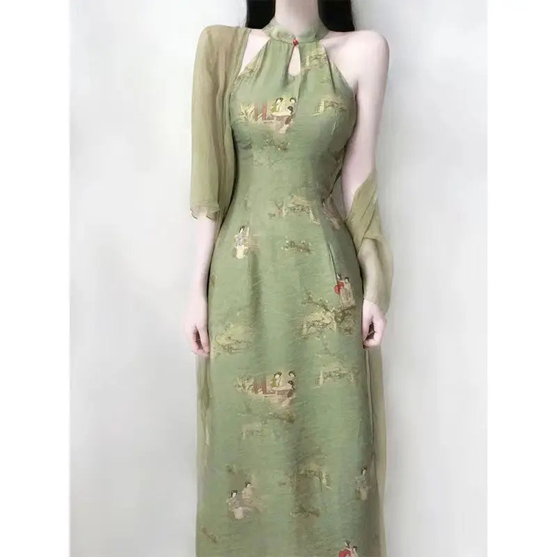 Women Waiting for Yanyu's New Chinese Sleeveless Qipao Plate Buckle Slim Fit Cheongsam Long Cardigan Set 2024 Two Piece Set - Seprincess