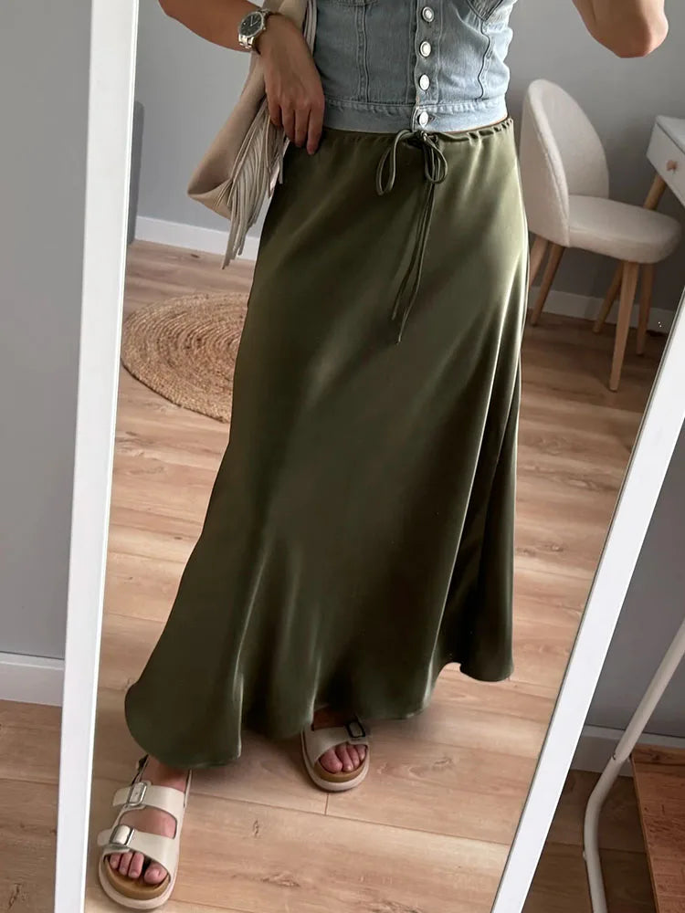 Long Black Satin Skirts For Women 2024 Autumn Winter Maxi Brown Burgundy Skirts Ladies Green Lace Up Women Satin Silk Skirt - Seprincess