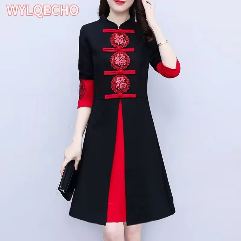 Women's Autumn New Red Festive Dress Slim Retro Improved Cheongsam Chinese Traditional Qipao Dress Plus Size M-5XL - Seprincess