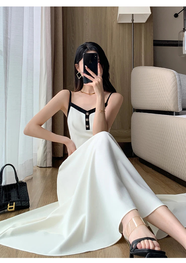 Fashion Korean Women Elegant Casual Dress Set Vintage Crop Jackets Sleeveless A-Line Strap Dress Two Pieces Set Female Clothes - Seprincess