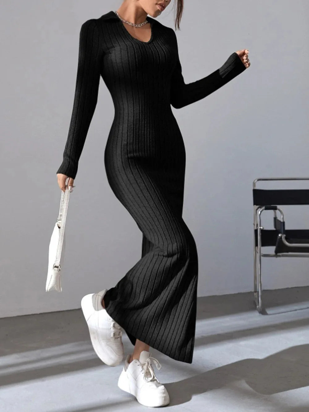 2024 Europe And The United States Autumn And Winter New Knitted Slim-Fit Lapel Long Sleeve Pit Strip Solid Color Tight Dress - Seprincess