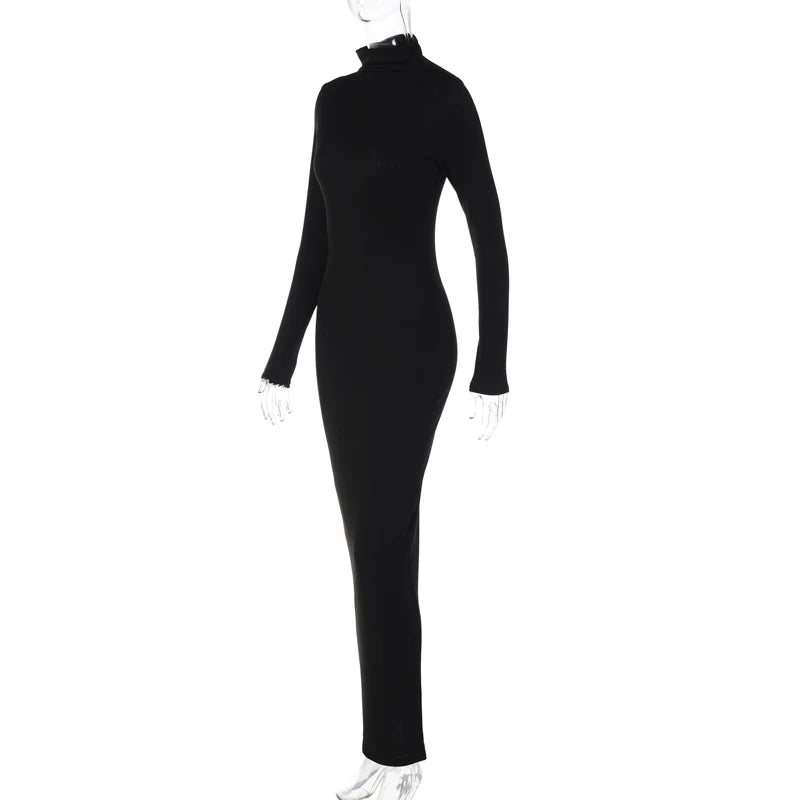 Hawthaw Women 2024 Spring Autumn Long Sleeve Streetwear Bodycon Basic Black Long Dress Wholesale Items For Business D2810029K - Seprincess