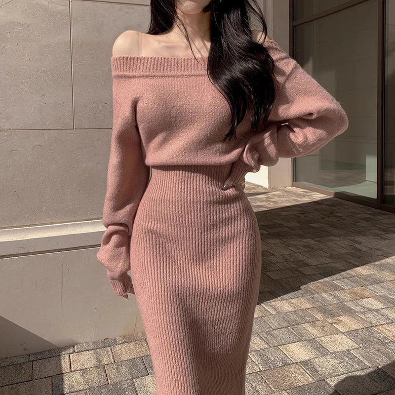 Autumn Winter Vintage Korean Long Sleeve Knitted Sweater Dresses Woman Zipper Lapel Elegant Warm Midi Bodycon Dresses Robe - Seprincess