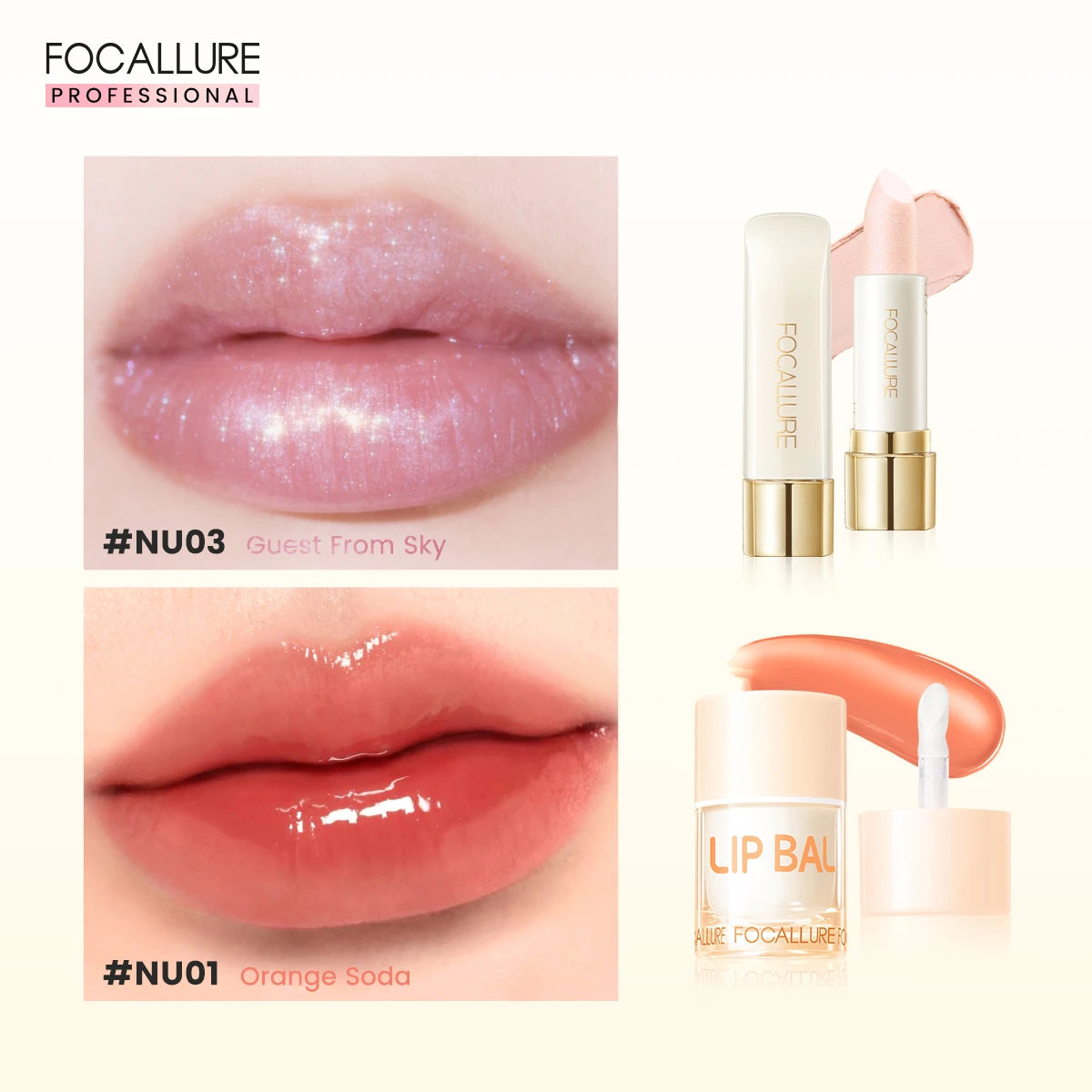 FOCALLURE 2 Pcs Lip Gloss Diamond Lipstick Non-sticky Liquid Lipstick Set Moisturizing Lip Blam Lips Makeup Cosmetics