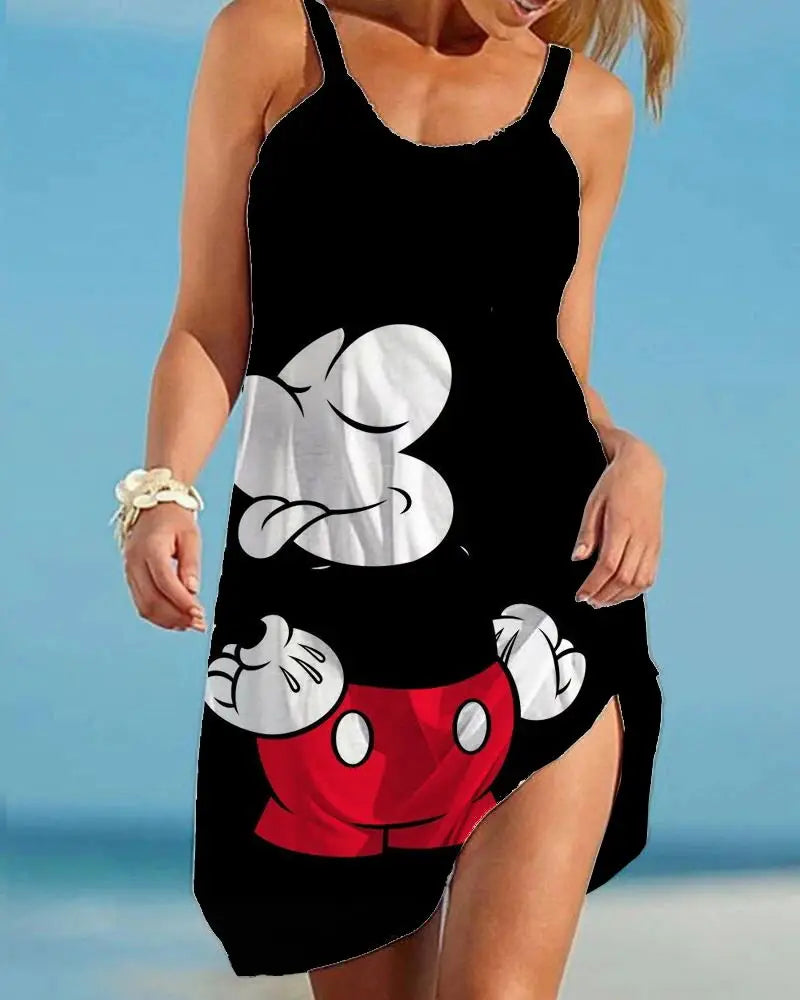 2024 New Big Swing Off Shoulder Loose Sundress S-3xl Summer Dresses Disney Mickey Mouse Strap Beach Dress For Women - Seprincess