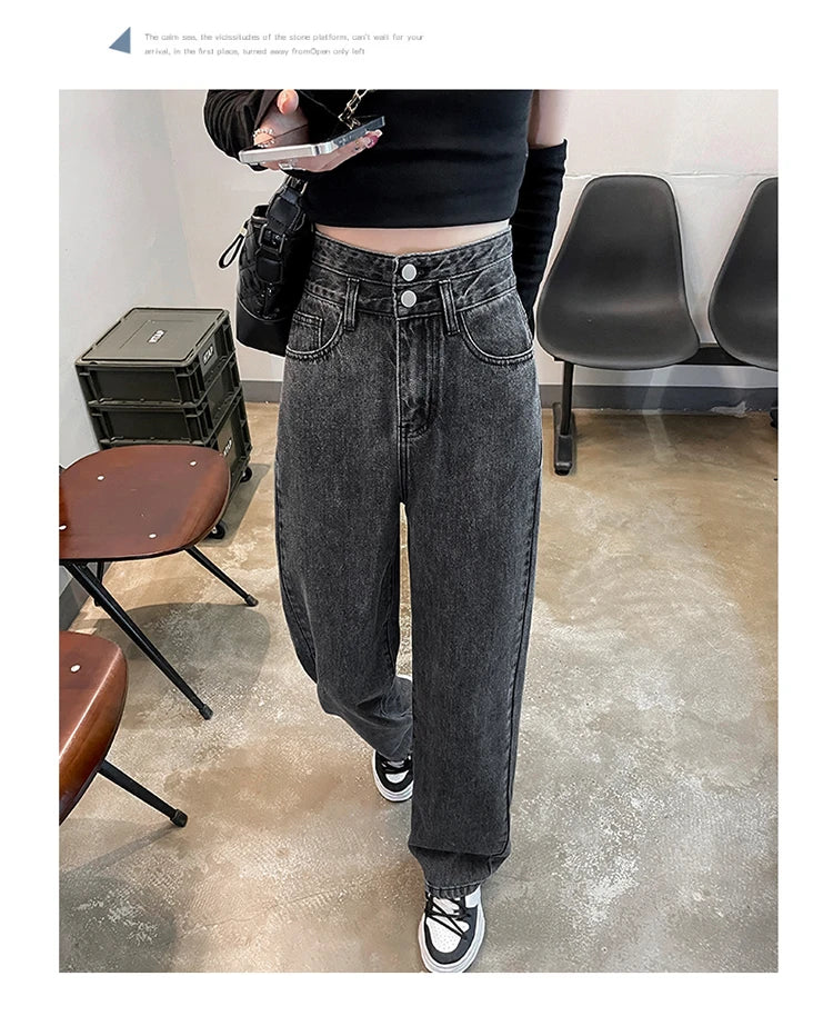 Fashion Denim Jeans Women Casual Autumn Spring Button Design Pants Loose Straight Brand High Quality New Arrivals Trousers