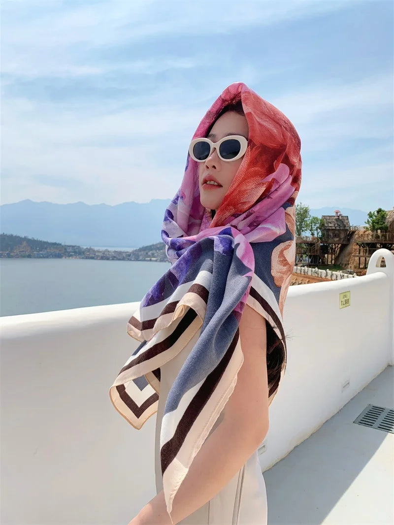 HOT 130x130cm large Velvet Texture Squar Travel Scarf Beach Dress Bikini Sarong Wrap Women Brazilian Swimsuit Bathing Cover-ups