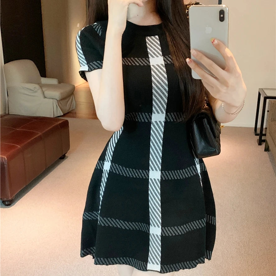 Luxury Brand Design 2024 Summer Knit Elastic Black Short Sleeve Dress For Women Fashion Mini Slim Vestidos Skirt Clothes - Seprincess