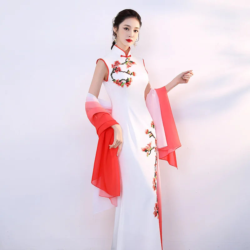 White Sexy Satin Chinese Dresses Gown Women Large Size Slim Qipao Long Sequins Evening Party Cheongsam Elegant Vestidos - Seprincess