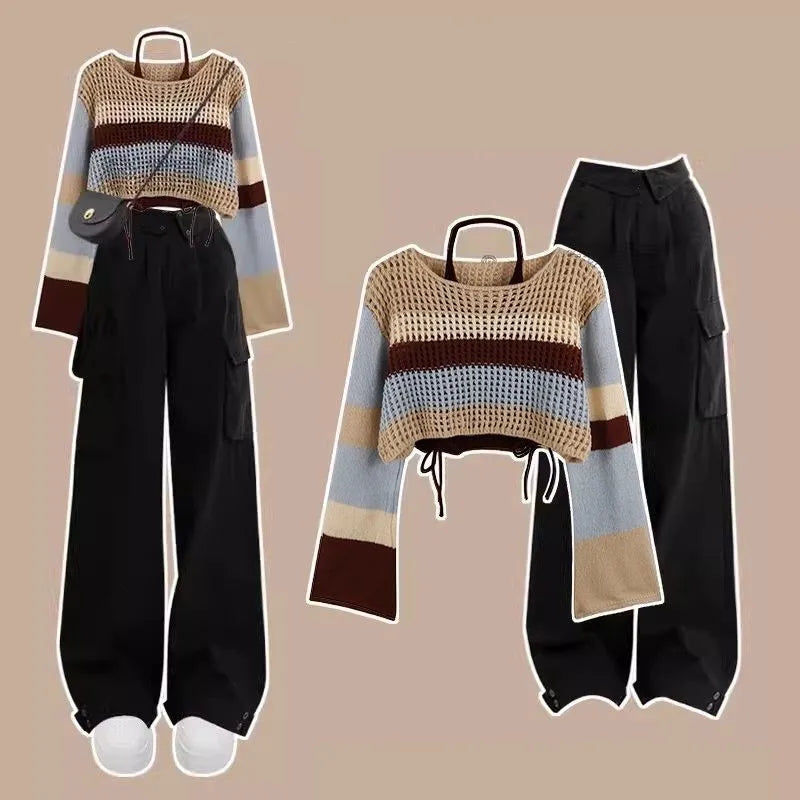 Women's Autumn Vintage Hollow Stripe Long Sleeved Knitwear+Strap+Cargo Pants Suit Korean Elegant Sweater Trousers Matching Set - Seprincess