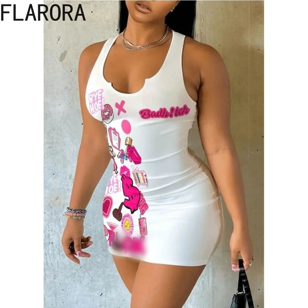 FLARORA Elegant Dresses for Woman 2024 New Woman Sleeveless Printing Bodycon Mini Dress Sexy Fitted Short Dress Y2k Streetwear - Seprincess