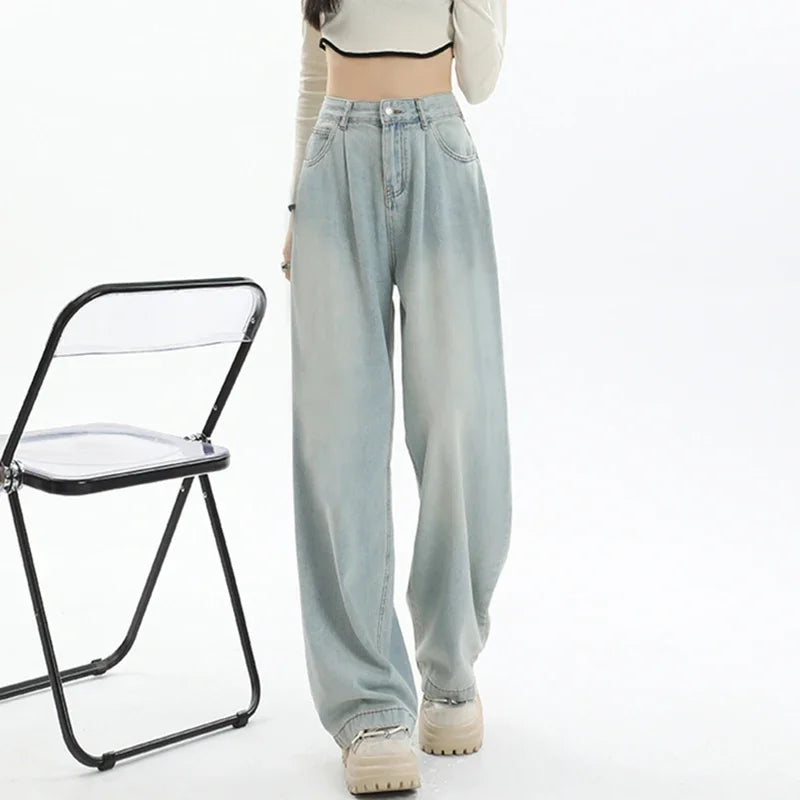 2024 Woman High Waist Vintage Baggy Jeans Lady Streetwear Wide Leg Pants Female Fashion Gray Blue Grey Light Blue Denim Trousers