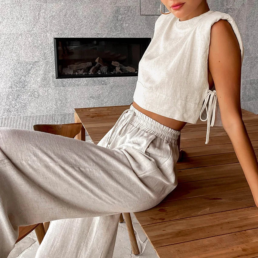 Women Holiday Linen Pant Set Crop Tops Solid Outfits 2 Two Piece Matching Set for Women Sleeveless Casuals Fashion Summer 2023