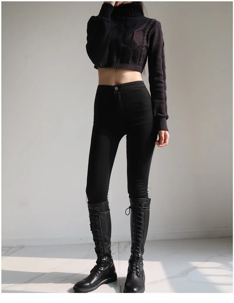 Spring Autumn New High-waisted Slimming Stretch Jeans Women's Petite Black Slim Fit Tightening Leggings Fashionable Casual Wear