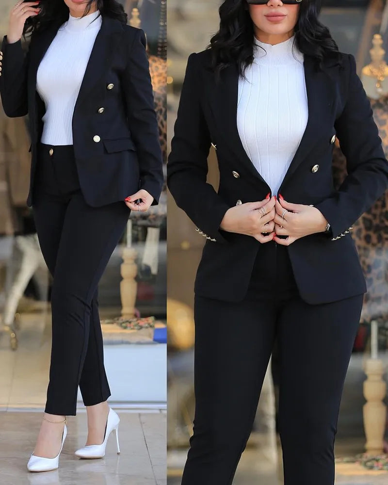 Casual Long Sleeve Suit Jacket Pants Set Office Lady Spring Autumn Elegant Solid Blouse Trousers Two Piece Set Women Outfit 2023 - Seprincess