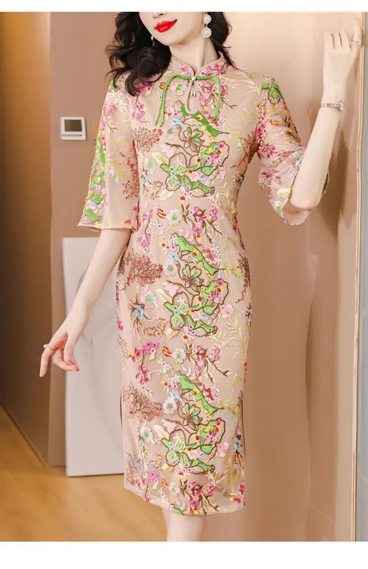 2024 new chinese improved elegant cheongsam woman summer national style gauze retro slimming embroidered half sleeve qipao dress