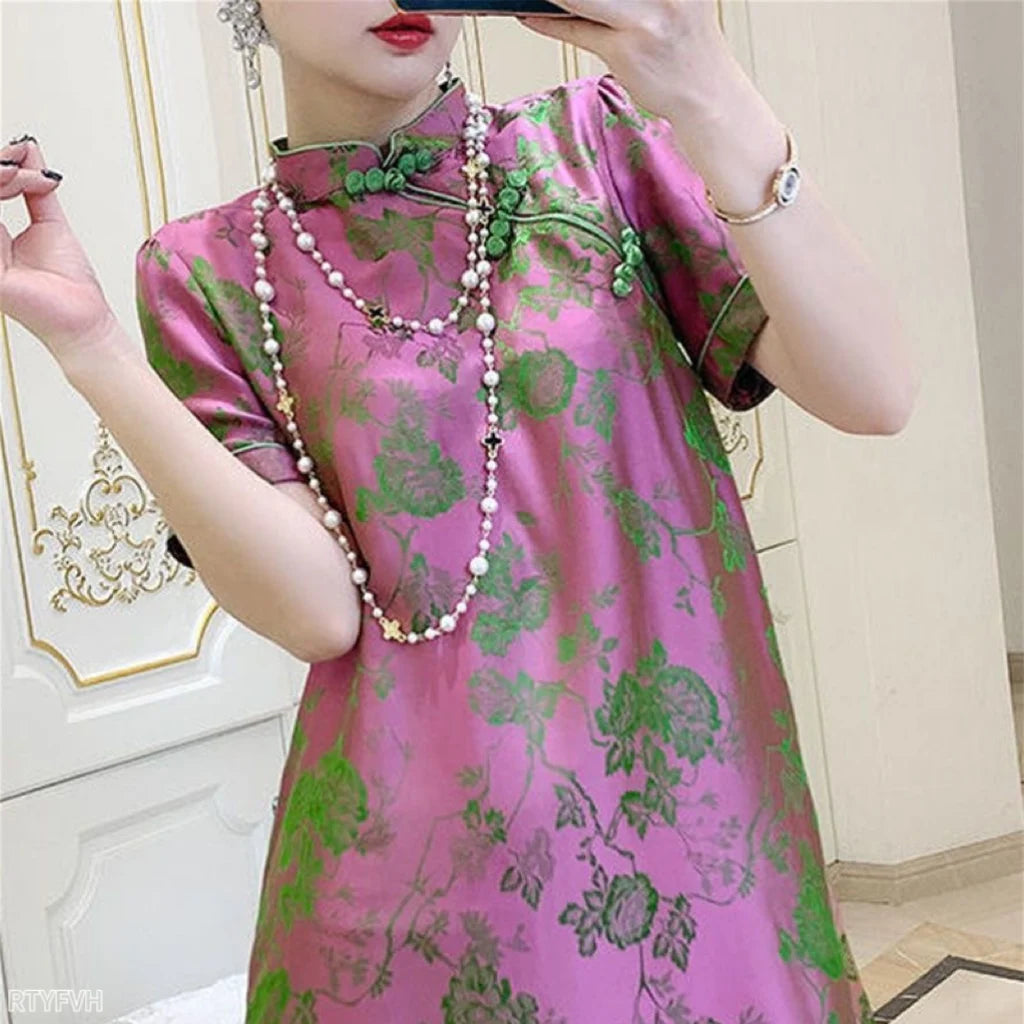 2023 New Improved Flower Printed Chinese Qipao Dress Spring Summer Short Sleeve Stand Collar Women Retro Fashion Cheongsam