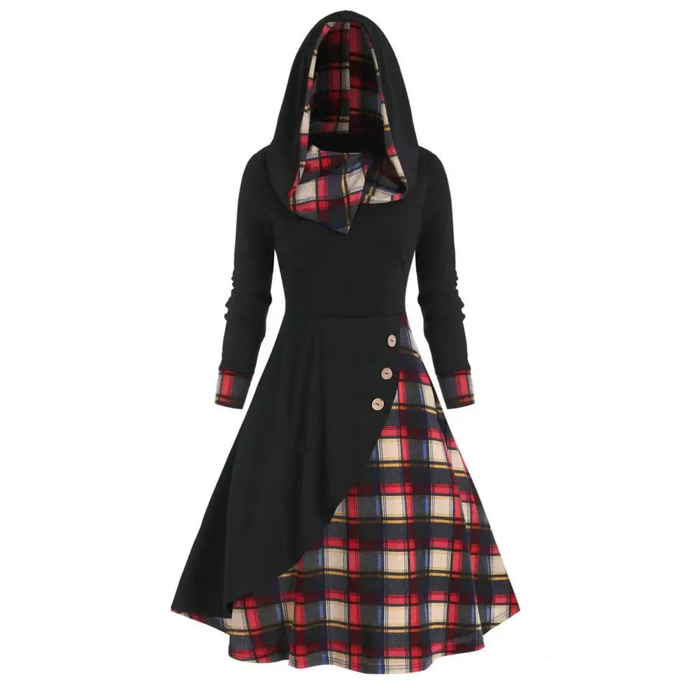 Elegant Dress Women Autumn Irregular Pile Collar Hooded Button Waist Tight Plaid Patchwork Print Large Hem Midi Dress - Seprincess