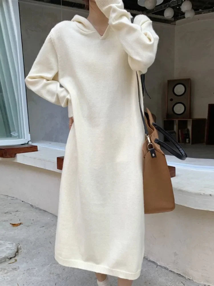 Hooded Long Knitted Dress Women Simple V-neck Style Loose Solid Color Straight Tube Pullover Inner Lining Long Skirt Women - Seprincess