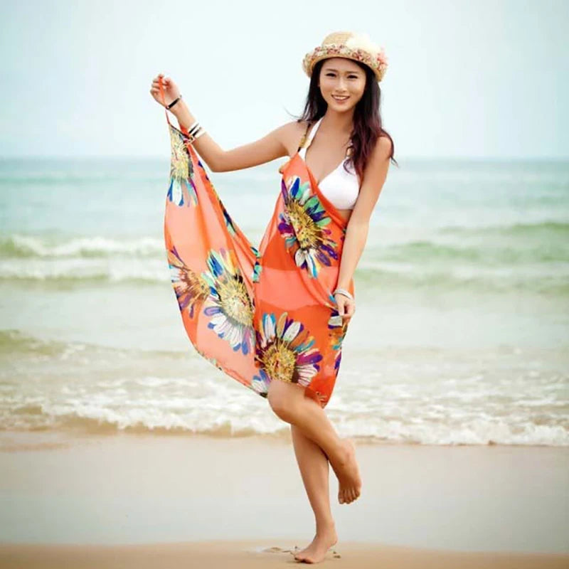 2023 Printed Cover-ups Sexy Beach Dress Women Halter Sling Chiffon Beach Towel Bikini Wrap Pareo Skirts Open-Back Swimwear - Seprincess